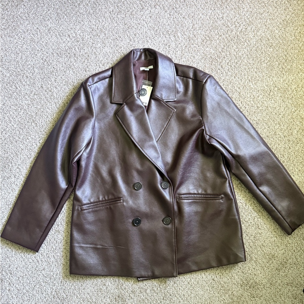 Women’s Double-Breasted Faux Leather Jacket - Dark Brown/Burgundy